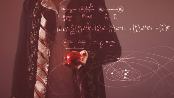 wissenschaftsgeschichte, konzept. isaac newton mit apple in der hand - gravitationsfeld stock-fotos und bilder