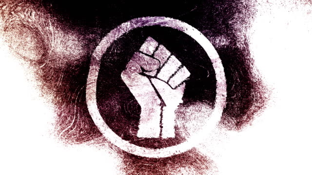 Raised fist symbol on a high contrasted grungy and dirty, animated, distressed and smudged 4k video background with swirls and frame by frame motion feel with street style for the concepts of solidarity,support,human rights,worker rights,strength
