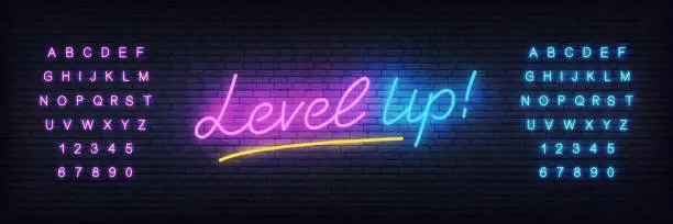 Vector illustration of Level up neon template. Glowing lettering for game club