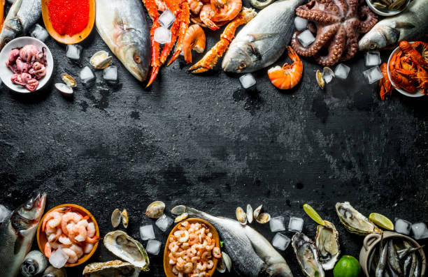 istock Healthy diet of seafood on ice. 1156111122