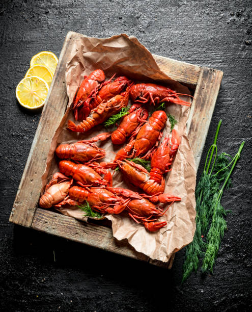 istock Boiled crayfish on paper in tray with dill and lemon. 1156111421