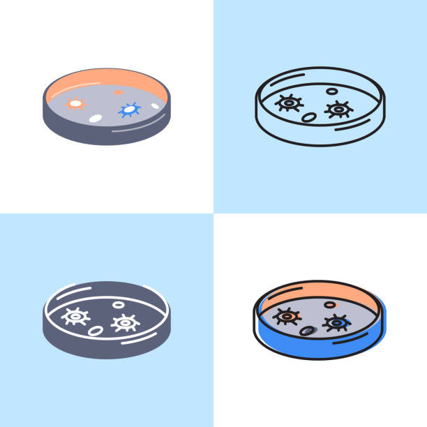 значок чашки петри, установленный в плоском и линии стиля - petri dish cell bacterium biology stock illustrations