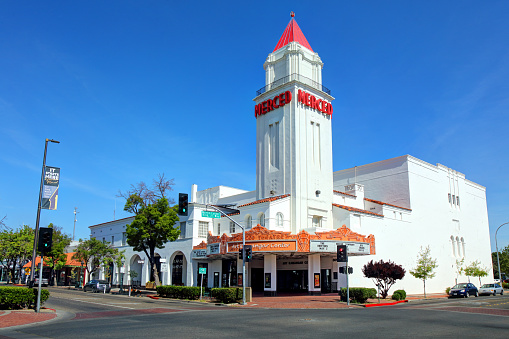 Merced, California, USA - April 17, 2019: Daytime view of the Merced Theatre along W. Main Street in the downtown district