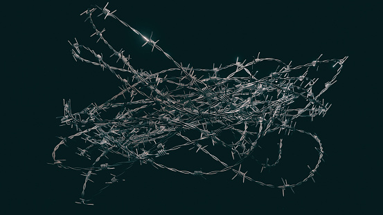 Barbed wire  - 3d rendered image design element on black background. War thing and security concept. Abstract horizontal low light background.