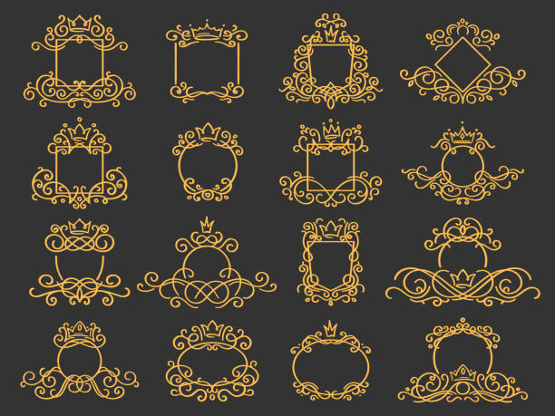 королевская монограмма кадра. ручная нарисованная эмблема короны, старинный знак эскиза каракули и элегантные монограммы изолированный н� - crown frame gold swirl stock illustrations
