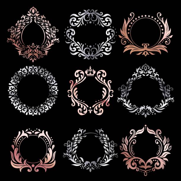 verzierte rahmen. silber ornamentalen rahmen, rose gold vintage premium-rahmen und raffinierte ornament grenzen vektor-set - frame silver pattern swirl stock-grafiken, -clipart, -cartoons und -symbole