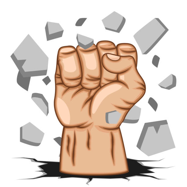 istock Strong human hand punched a hole in the wall on a white background. 1156119389
