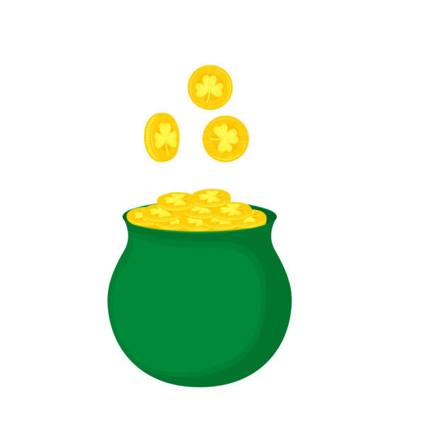 ilustrações, clipart, desenhos animados e ícones de um potenciômetro de moedas de ouro com uma folha do trevo - pot of gold