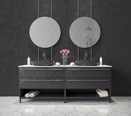 Modern interior design of black and white bathroom 3d render 3d illustration