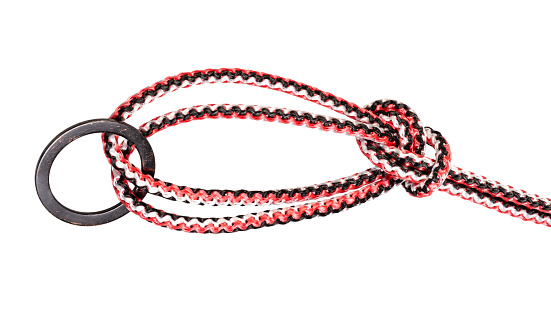 another side of Bowline on a bight knot tied on synthetic rope cut out on white background