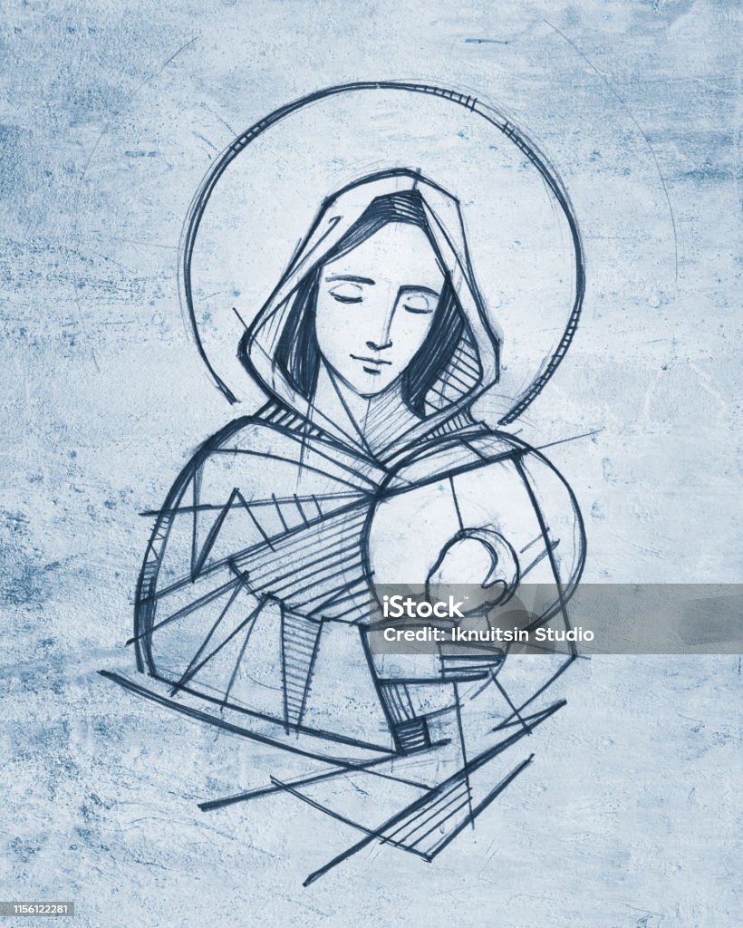 Illustrazione a matita disegnata a mano della Vergine Maria e del bambino Gesù - Illustrazione stock royalty-free di Vergine Maria