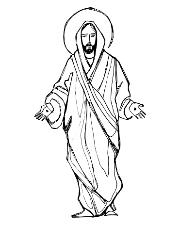 Jesus Christ with open hands vector hand drawn illustration
