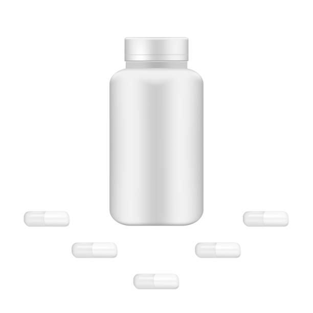 カプセル付きの医療用ピルボトル。白い薬の缶ベクトルモックアップ - capsule vitamin pill white background healthcare and medicine点のイラスト素材／クリップアート素材／マンガ素材／アイコン素材