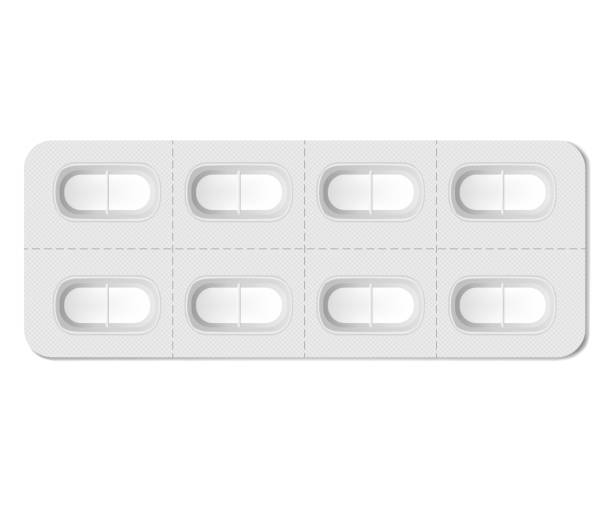 個々の取り外し可能な細胞、現実的なモックアップが付いている長い医学の丸薬の水疱のパッケージ。白い背景、ベクトルテンプレートに分離された空白の薬の錠剤パック - blister packaging点のイラスト素材／クリップアート素材／マンガ素材／アイコン素材