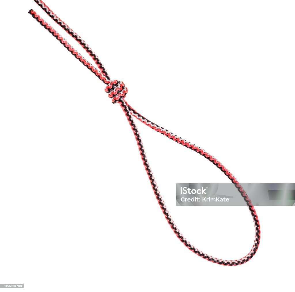 loop of gallows knot tied on synthetic rope loop of gallows knot tied on synthetic rope cut out on white background Artificial Stock Photo