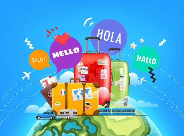 istock World adventure concept with color bubbles. Hello on different languages: franch, english, spanish, germa 1156125964