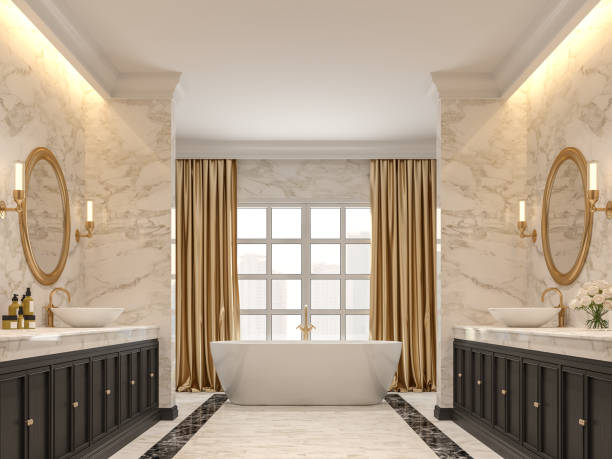 luxuriöses badezimmer mit weißen marmorwänden und böden 3d render - spiegelschrank mit beleuchtung stock-fotos und bilder