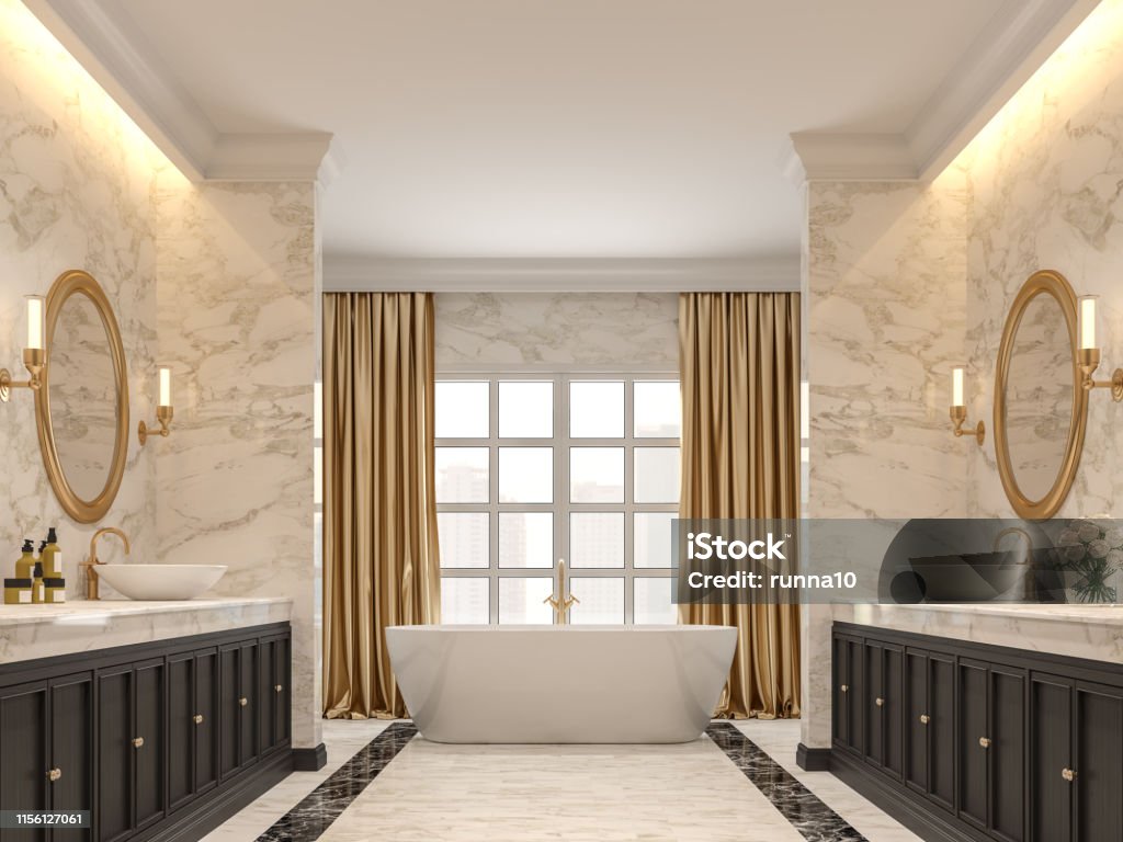 Luxury bathroom with white marble walls and  floors 3d render Luxurious bathroom with white marble walls and  floors, black marble border ,Decorated with black wood cabinets and gold curtains,3d render. Bathroom Stock Photo
