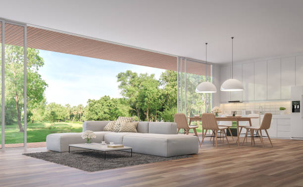 vita moderna, sala da pranzo e cucina con vista sul giardino rendering 3d - elegance luxury simplicity architecture foto e immagini stock
