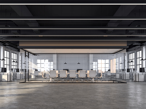Modern loft style office with white brick walls, polished concrete floors and black ceilings that show the building system, decorated with white furniture,3d redering image.
