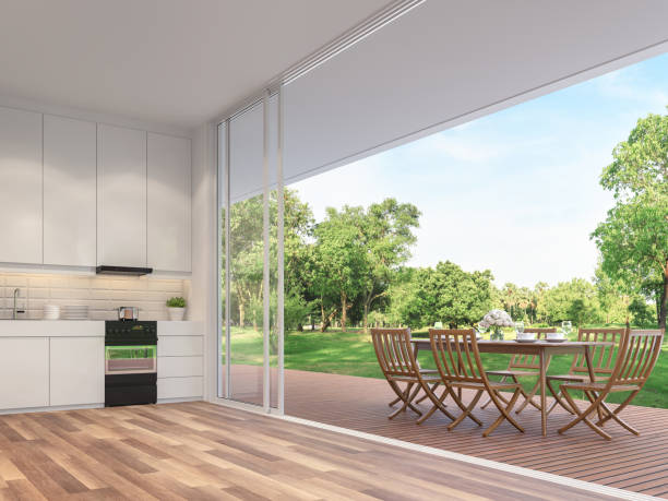 istock Outdoor dining table on the balcony 3d render 1156127065