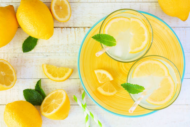 istock Summer lemonade on a yellow serving plate, above view over white wood 1156128213