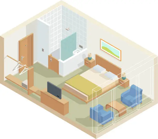 Vector illustration of isometric hotel room with, TV, bathroom and armchair