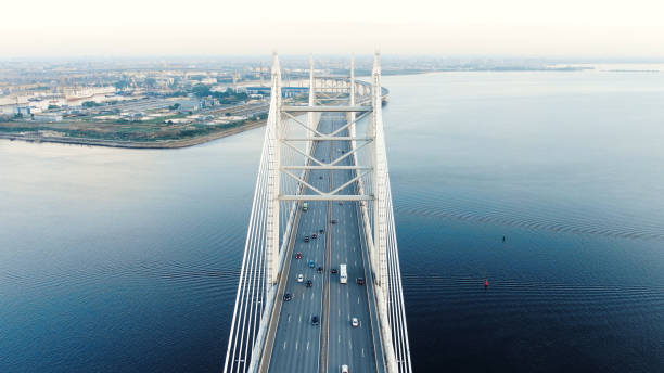 istock cable-stayed bridge against beautiful city line among water 1156132381