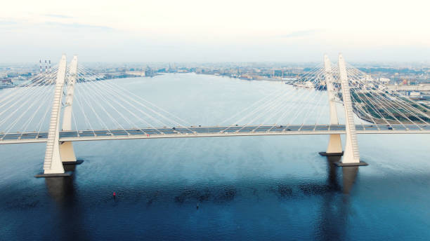 istock cable-stayed bridge and cars speeding against cityscape 1156132443