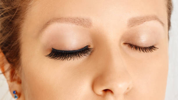 istock Female face with closed eyes with long false eyelashes, befor and after change 1156132500