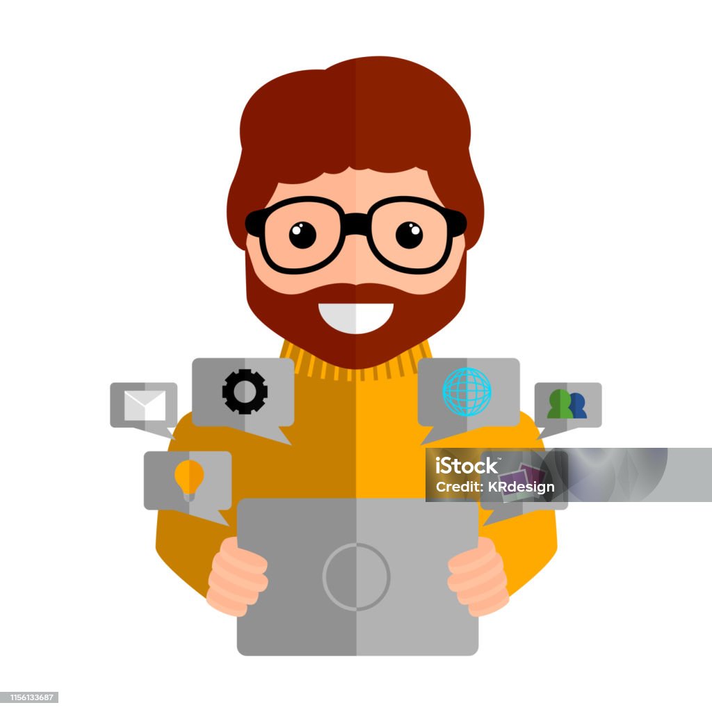 Community manager with a tablet - Vector Community manager with a tablet and social media icons - Vector Adult stock vector