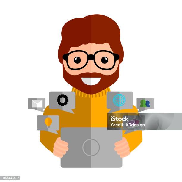 Community Manager With A Tablet Vector Stock Illustration - Download Image Now - Adult, Business, Business Strategy