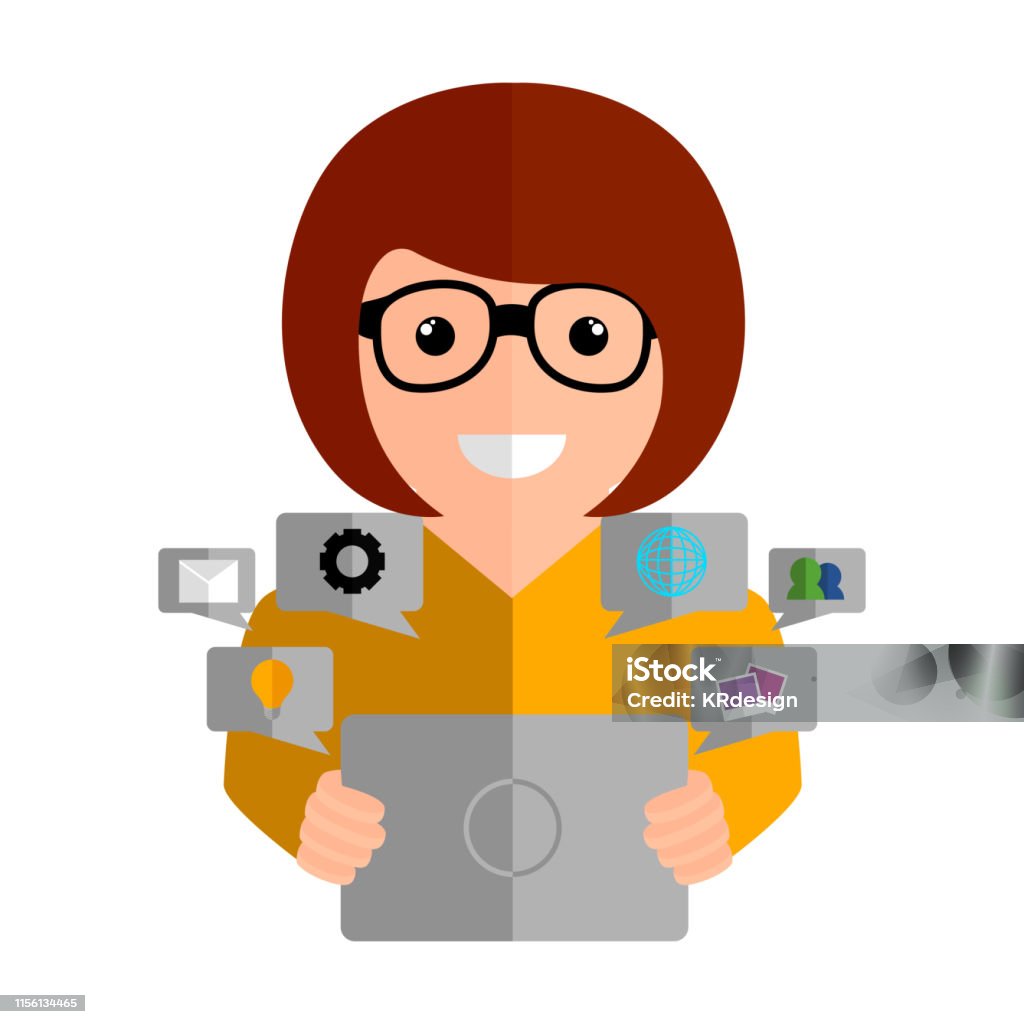 Community manager with a tablet - Vector Community manager with a tablet and social media icons - Vector Adult stock vector