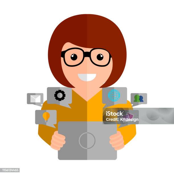 Community Manager With A Tablet Vector Stock Illustration - Download Image Now - Adult, Business, Business Strategy