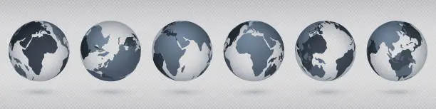 Vector illustration of Transparent Earth globe. Realistic circle world map with USA Europa Asia, simple abstract 3D globe model. Vector isolated set