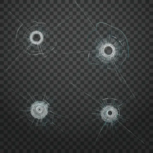 Vector illustration of Realistic bullet glass hole. Realistic crack texture.