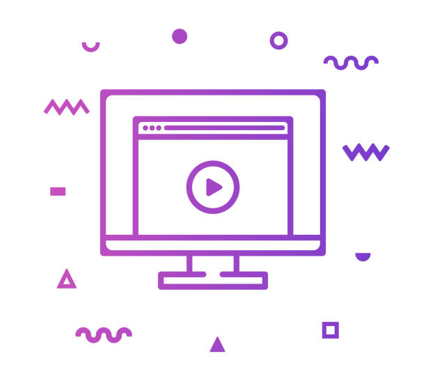 Video Player Line Style Icon Design Video player outline style icon design with decorations and gradient color. Line vector icon illustration for modern infographics, mobile designs and web banners. movie sound clips stock illustrations