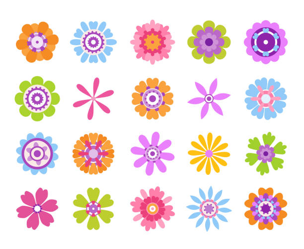 ilustrações de stock, clip art, desenhos animados e ícones de 1905.m30.i120.n007.p.c25.590312945 cartoon flower icons. summer cute girly stickers, modern flowers clip art icon set. vector pretty nature graphic template - water lily pink yellow