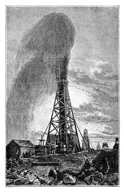 미국 텍사스의 석유 굴착 장치 1888 - oil industry oil rig mining oil stock illustrations