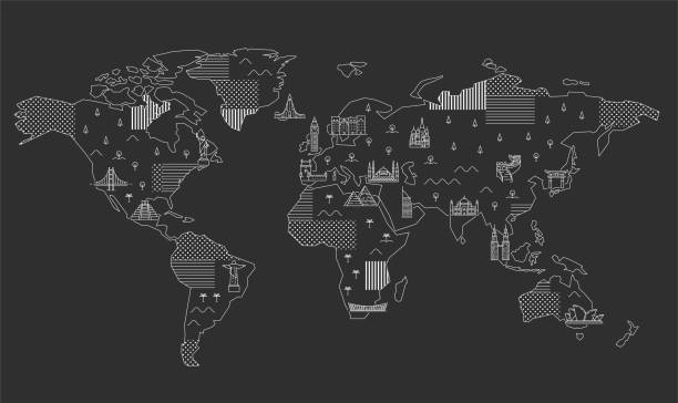 ilustrações de stock, clip art, desenhos animados e ícones de world map with famous landmarks. - travel map famous place europe