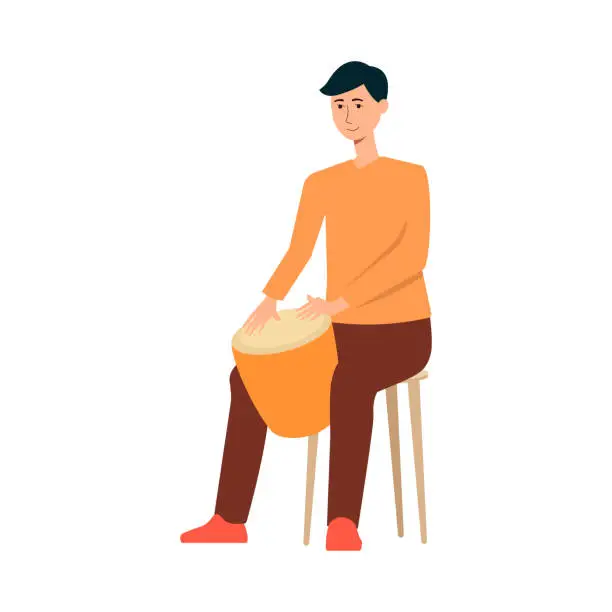 Vector illustration of Man sitting on chair and playing on drum cartoon style