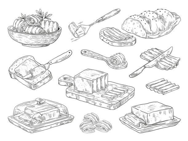 ilustrações de stock, clip art, desenhos animados e ícones de hand drawn butter. sketch breakfast culinary ingredient, drawn compositions with bread and butter. vector doodle set - torrada ilustrações