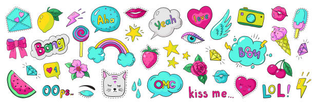 Doodle 90s stickers. Pop art fashion comic badges, trendy cartoon 80s kawaii icons. Vector lol rainbow cherry heart modern girl set Doodle 90s stickers. Pop art fashion comic badges, trendy cartoon 80s kawaii icons. Vector lol rainbow cherry heart modern girl patches illustration set kid stickers stock illustrations