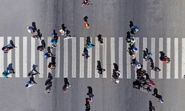 istock Aerial. People crowd on pedestrian crosswalk. Top view. 1156142570