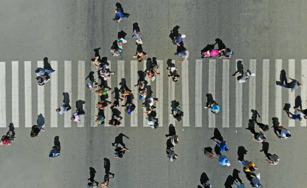 istock Aerial. People crowd on pedestrian crosswalk. Top view. 1156142651