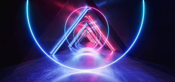 istock Neon Lights Triangle Sci Fi Glowing Purple Blue Shaped Fluorescent Retro Modern Elegant Alien Spaceship Dark Underground Corridor Tunnel Hallway Club Empty Background 3D Rendering 1156145841
