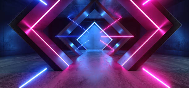 istock Neon Lights Triangle Sci Fi Glowing Purple Blue Shaped Fluorescent Retro Modern Elegant Alien Spaceship Dark Underground Corridor Tunnel Hallway Club Empty Background 3D Rendering 1156145921