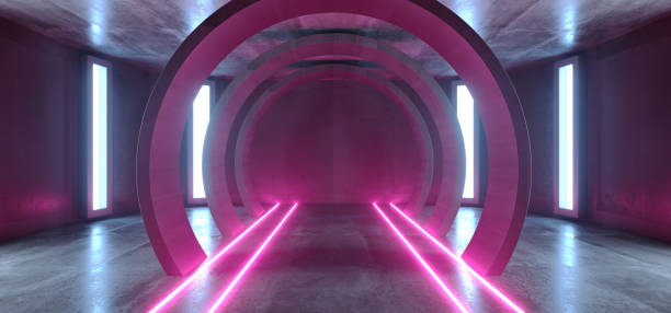 istock Futuristic Neon Lights Sci Fi Glowing Purple Blue Virtual Vibrant Underground Garage Tunnel Corridor Grunge Concrete Reflection Dark Empty Circle Shapes 3D Rendering 1156145952