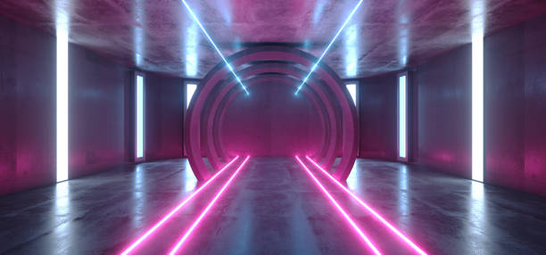 istock Futuristic Neon Lights Sci Fi Glowing Purple Blue Virtual Vibrant Underground Garage Tunnel Corridor Grunge Concrete Reflection Dark Empty Circle Shapes 3D Rendering 1156145957