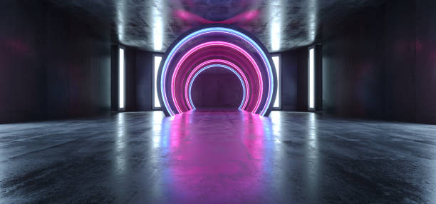 istock Futuristic Neon Lights Sci Fi Glowing Purple Blue Virtual Vibrant Underground Garage Tunnel Corridor Grunge Concrete Reflection Dark Empty Circle Shapes 3D Rendering 1156145972